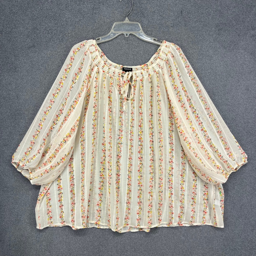 Torrid Peasant Blouse Women 3 cream Floral Stripe sheer Smocked Keyhole Boho Top